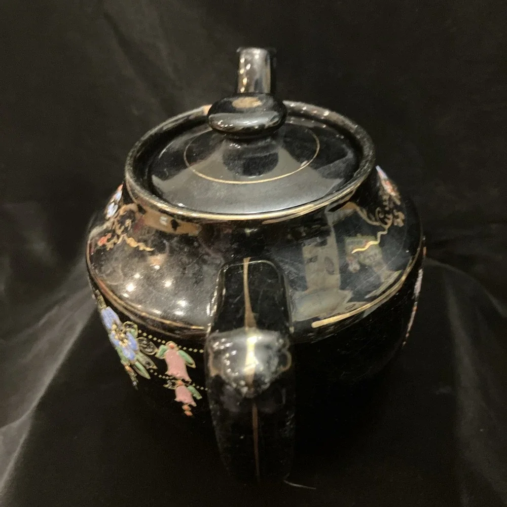 Hand Painted VTG Black Teapot Gold Trim Moriage Raised Dots Japan Glued Spout
